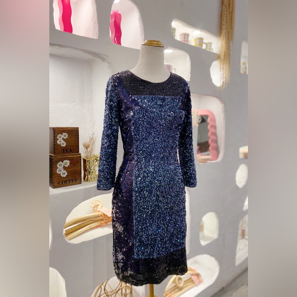 Fitted Multicolour Long Sleeve Knee Length Blue Geometric Sequin Party Dress